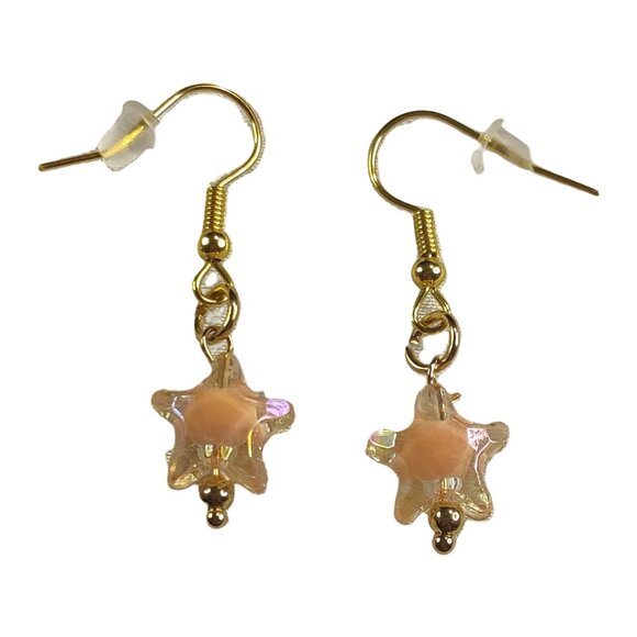 Handmade Jewelry - NEW Handmade/Homemade Pastel Orange Bead in Clear Star on Gold Drop Earrings